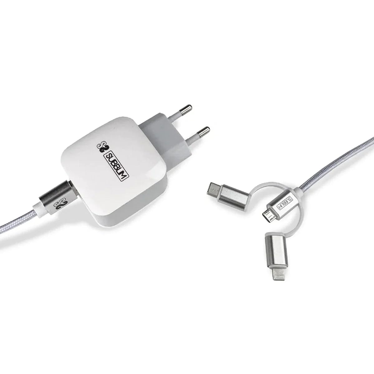 Cargador de Pared Subblim SUB-CHG-1ZWC01/ 2xUSB + Cable 3 en 1/ 12W/ Blanco