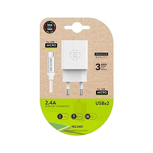 Cargador de Pared Tech One Tech TEC2401/ 2xUSB + Cable Micro USB/ 2.4A/ Blanco