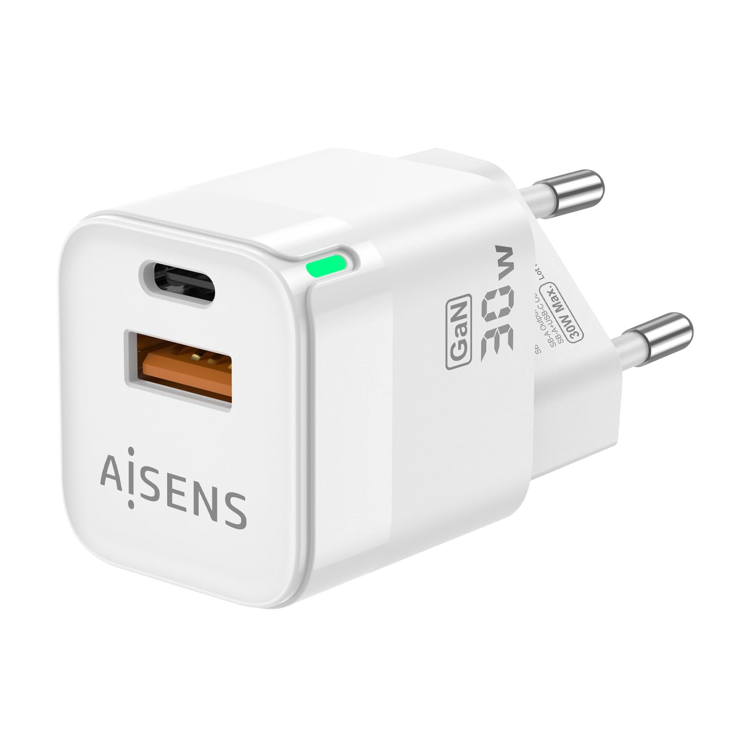 Cargador Gan de Pared Aisens ASCH-30W2P004-W/ 1xUSB Tipo-C/ 1xUSB/ 30W