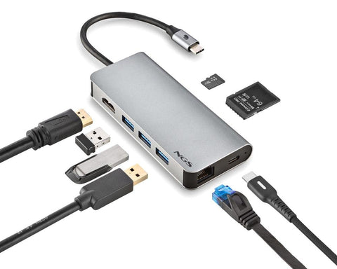 Docking USB Tipo-C NGS WonderDock8/ 3xUSB/ 1xUSB Tipo-C DP/ 1xHDMI/ 1xRJ45/ 1xLector Tarjetas SD