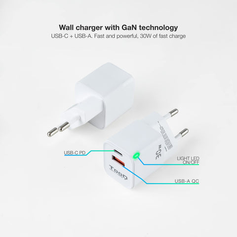 Cargador de Pared TooQ TQWC-GANQCPD30WT/ 1xUSB Tipo-C/ 1xUSB/ 30W