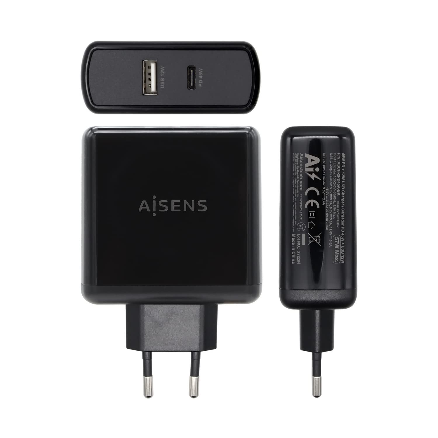 Cargador de Pared Aisens ASCH-2PD45A-BK/ 1xUSB Tipo-C/ 1x USB/ 57W