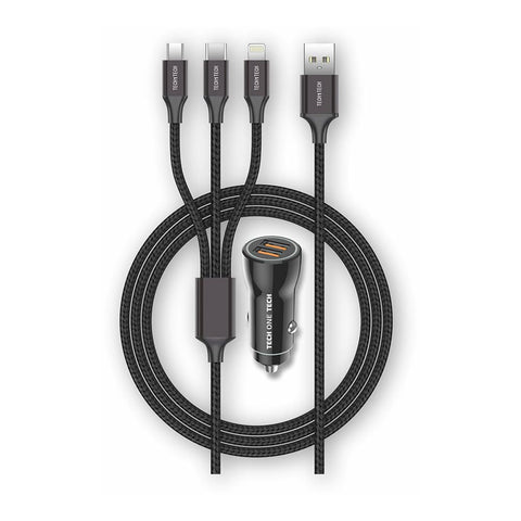 Cargador de Coche Tech One Tech TEC2810/ 2xUSB + Cable 3 en 1/ 2.4A