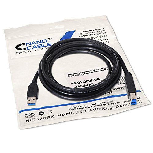 Cable USB 3.0 Impresora Nanocable 10.01.0802-BK/ USB Tipo-B Macho - USB Macho/ 2m/ Negro