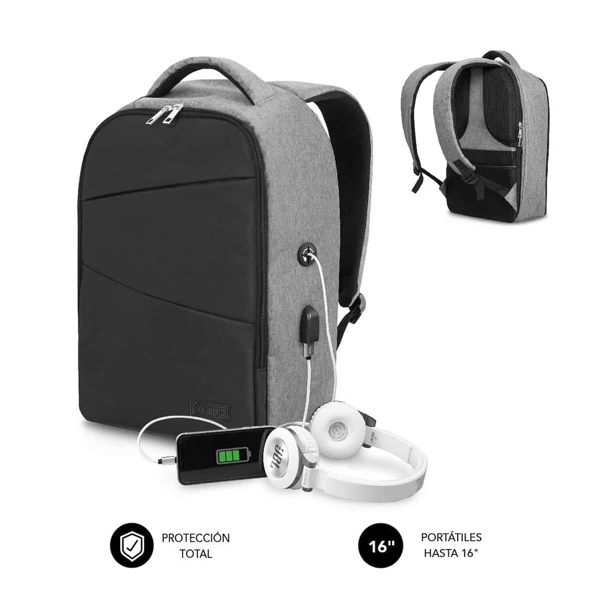 Mochila Subblim Secure V2 AP para Portátiles hasta 15.6'/ Puerto USB/ Antirrobo/ Gris