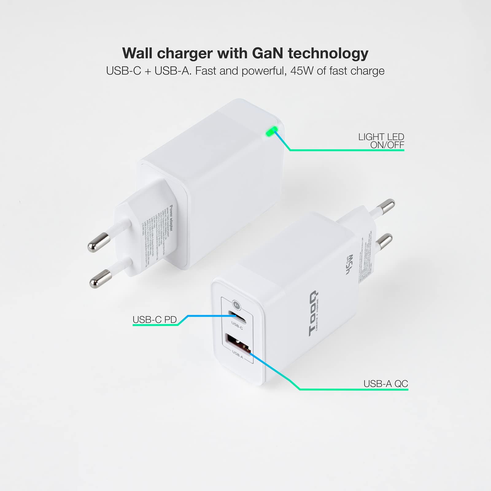 Cargador Gan de Pared TooQ TQWC-GANQCPD45WT/ 1xUSB Tipo-C/ 1xUSB/ 45W