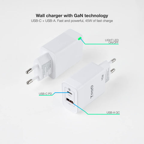 Cargador Gan de Pared TooQ TQWC-GANQCPD45WT/ 1xUSB Tipo-C/ 1xUSB/ 45W