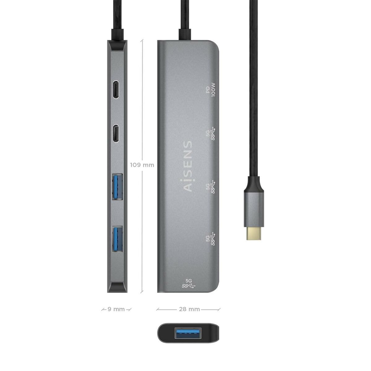 Hub USB Tipo-C Aisens A109-0857/ 3xUSB/ 1xUSB Tipo-C/ 1xUSB Tipo-C PD/ Gris