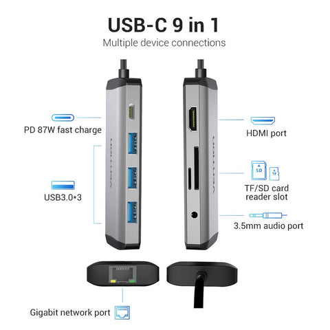 Docking USB Tipo-C Vention THAHB/ 1xHDMI/ 3xUSB/ 1xUSB Tipo-C PD/ 1xRJ45/ 1xLector tarjetas/ 1xAudio/ Gris