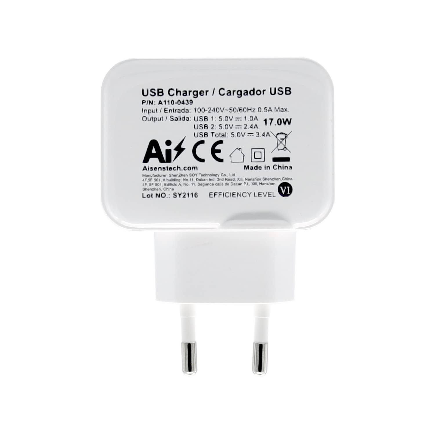 Cargador de Pared Aisens A110-0439/ 2xUSB/ 17W