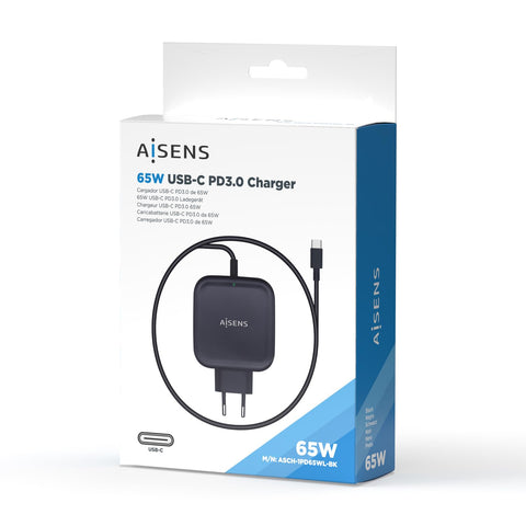 Cargador de Pared Aisens ASCH-1PD65WL-BK/ 1xUSB Tipo-C/ 65W