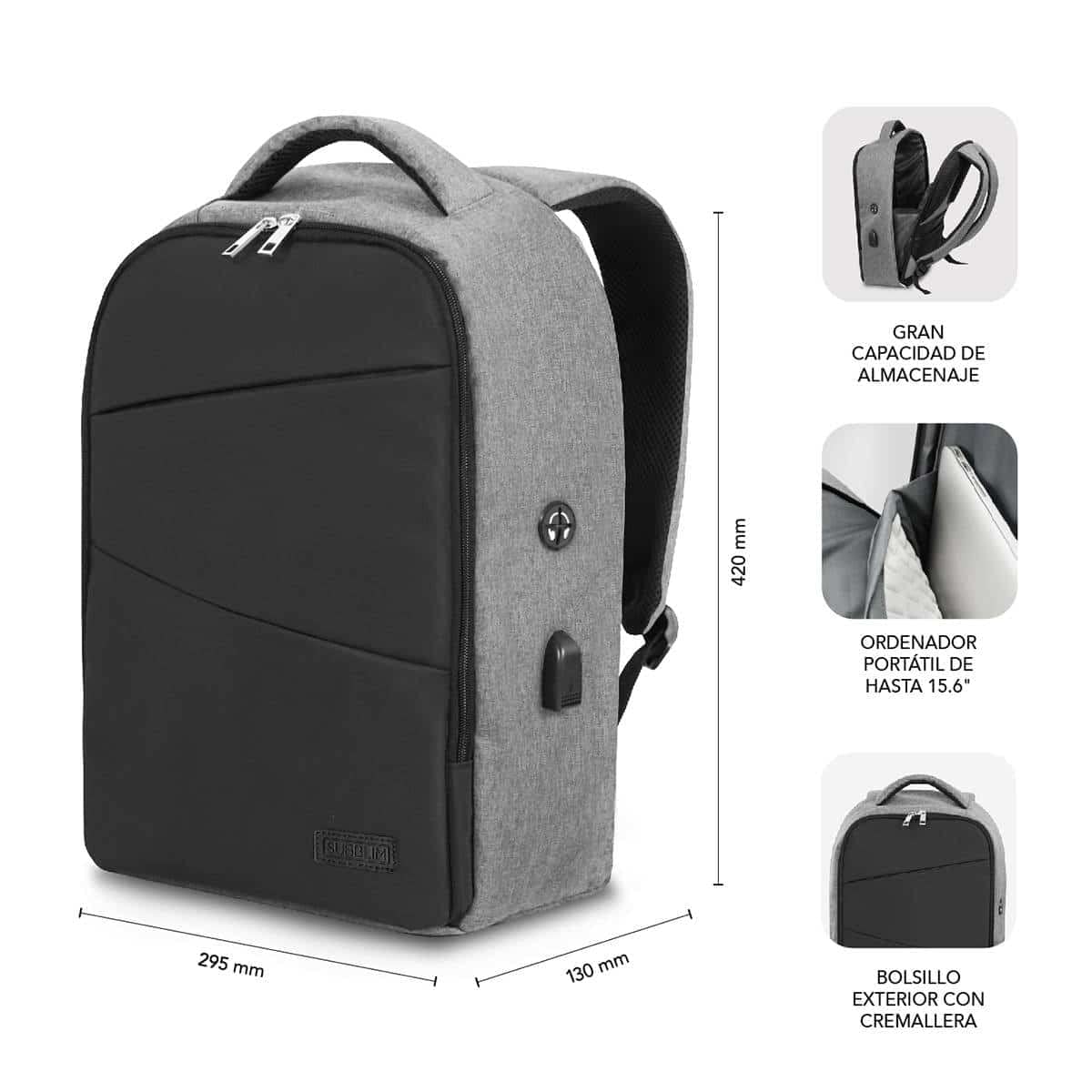 Mochila Subblim Secure V2 AP para Portátiles hasta 15.6'/ Puerto USB/ Antirrobo/ Gris