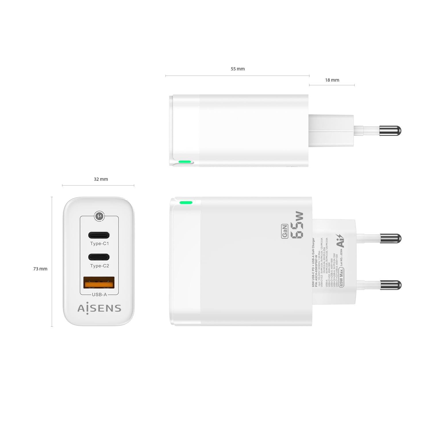 Cargador Gan de Pared Aisens ASCH-65W3P007-W/ 2xUSB Tipo-C/ 1x USB/ 65W