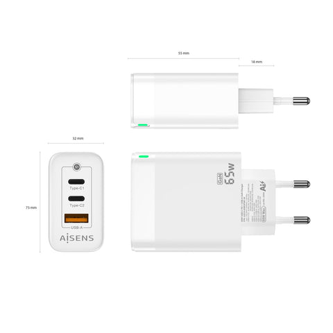 Cargador Gan de Pared Aisens ASCH-65W3P007-W/ 2xUSB Tipo-C/ 1x USB/ 65W