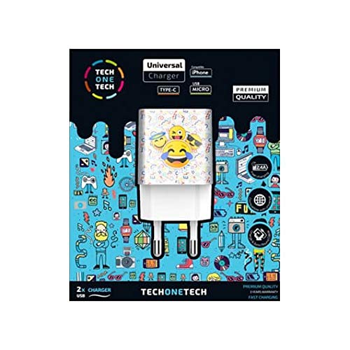 Cargador de Pared Tech One Tech Emojitech Smile TEC2502/ 2xUSB/ 2.4A/ Blanco