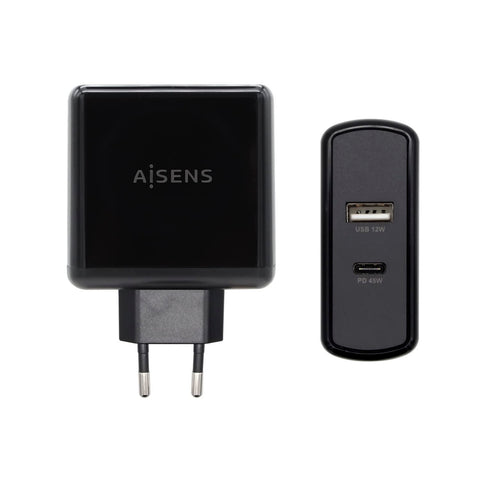 Cargador de Pared Aisens ASCH-2PD45A-BK/ 1xUSB Tipo-C/ 1x USB/ 57W