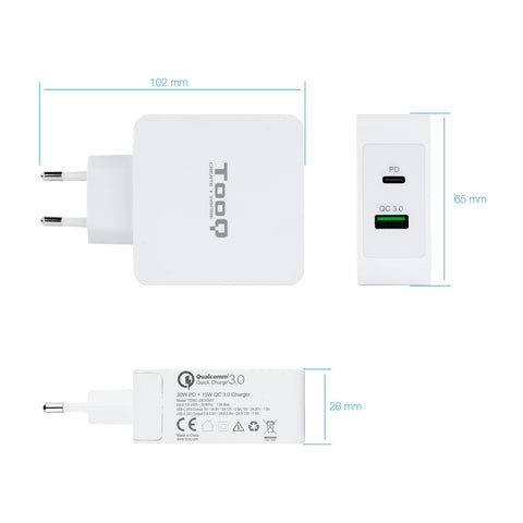 Cargador de Pared TooQ TQWC-2SC03WT/ 1xUSB Tipo-C/ 1xUSB/ 48W