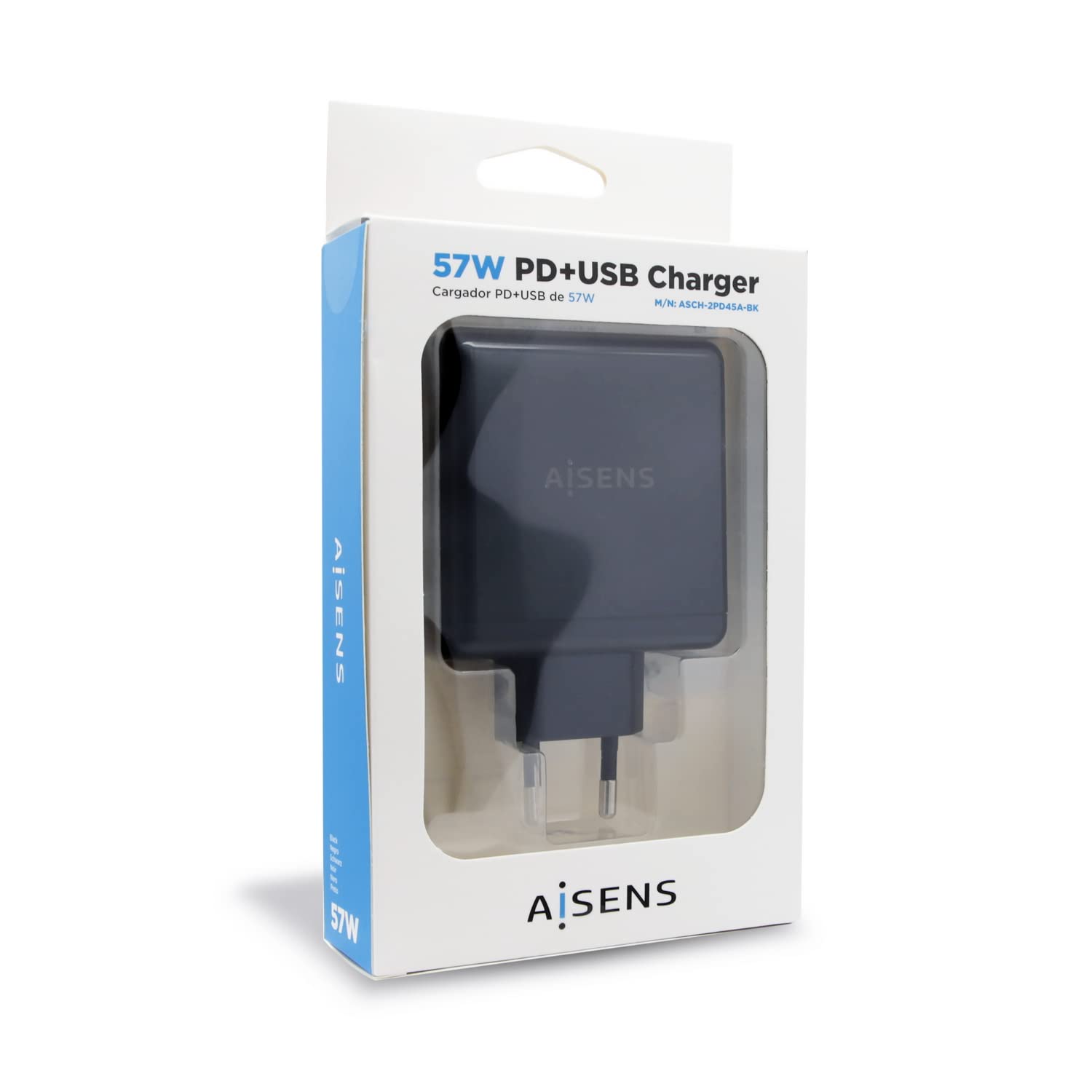 Cargador de Pared Aisens ASCH-2PD45A-BK/ 1xUSB Tipo-C/ 1x USB/ 57W