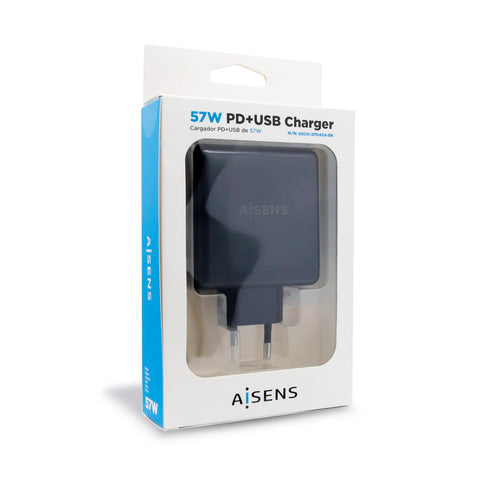 Cargador de Pared Aisens ASCH-2PD45A-BK/ 1xUSB Tipo-C/ 1x USB/ 57W