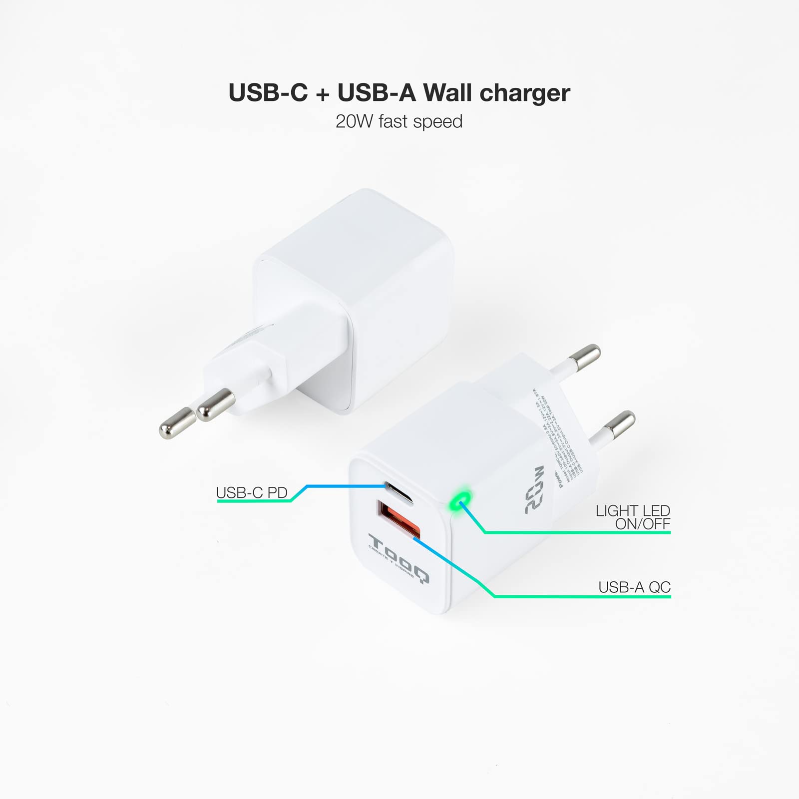 Cargador de Pared TooQ TQWC-QCPD20WT/ 1xUSB-Tipo C/ 1x USB/ 20W/ Blanco