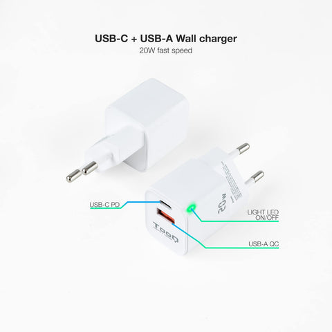 Cargador de Pared TooQ TQWC-QCPD20WT/ 1xUSB-Tipo C/ 1x USB/ 20W/ Blanco