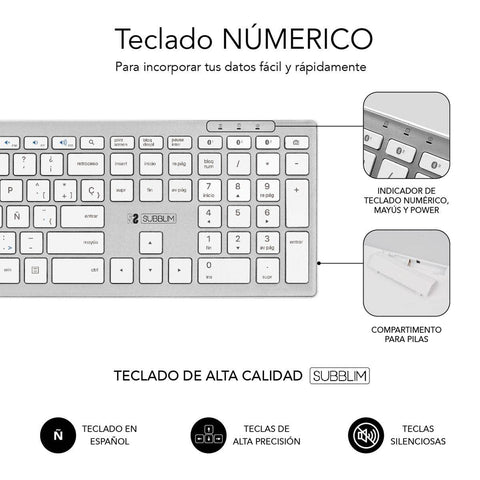 Teclado Inalámbrico por Bluetooth Subblim 2PUE200 Pure Extended/ Plata