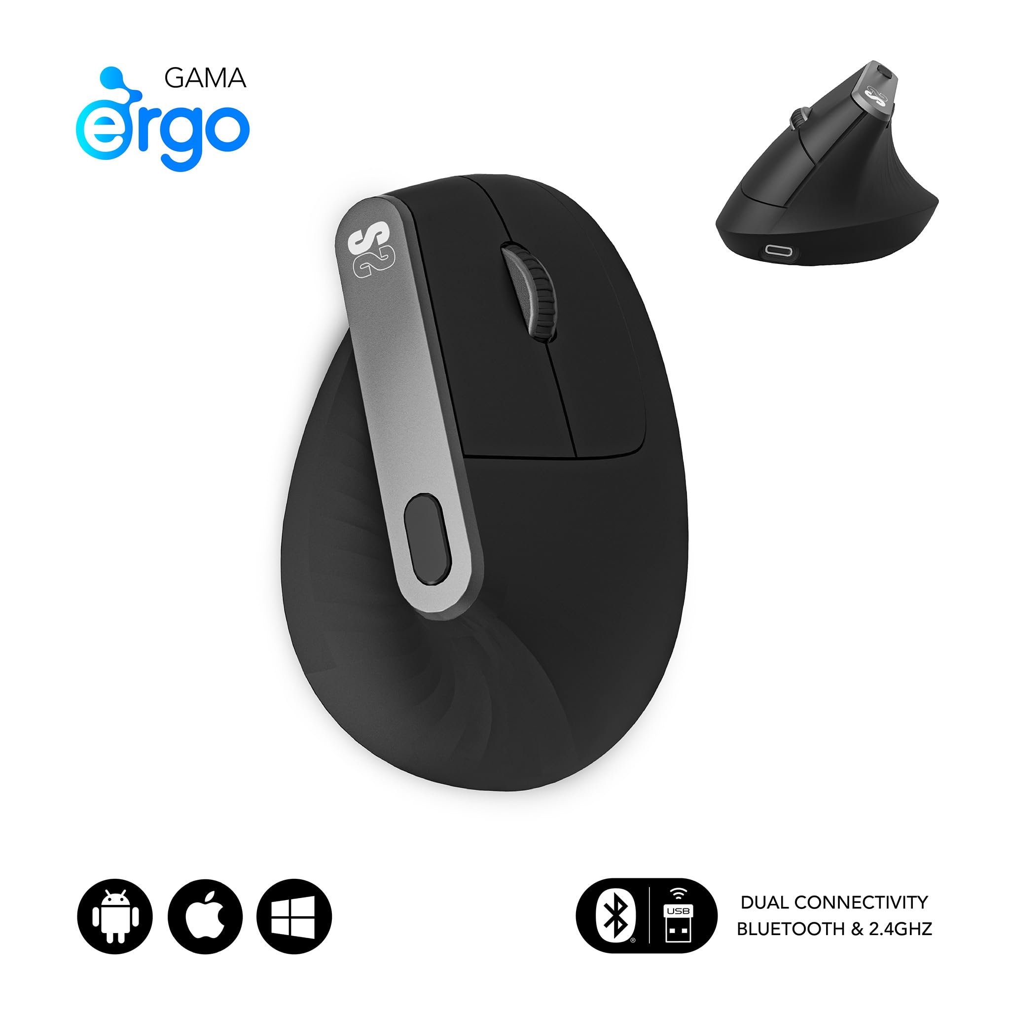 Ratón Ergonómico Inalámbrico por Bluetooth/ 2.4GHz Subblim Nature Vertical Ergo Dual Battery/ Batería Recargable/ Hasta 4000 DPI/ Negro