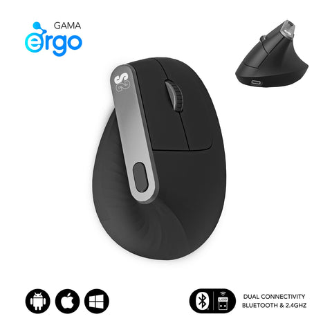 Ratón Ergonómico Inalámbrico por Bluetooth/ 2.4GHz Subblim Nature Vertical Ergo Dual Battery/ Batería Recargable/ Hasta 4000 DPI/ Negro