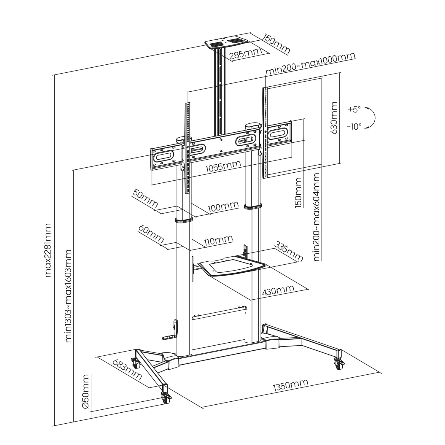 Soporte de Suelo Inclinable con Ruedas y Manivela Aisens FT100TE-171 para TV 60-100'/ hasta 100kg