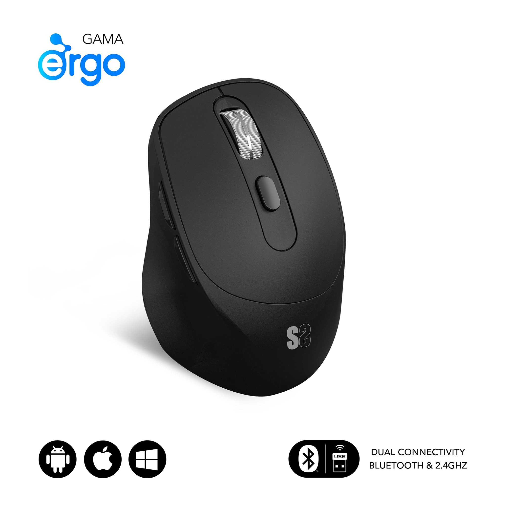 Ratón Ergonómico Inalámbrico por Bluetooth/ 2.4GHz Subblim Comfort Ergo Dual Battery/ Batería recargable/ Hasta 2400 DPI/ Negro