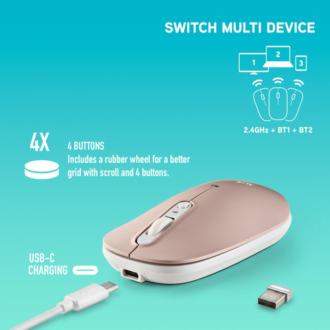 Ratón Inalámbrico por Bluetooth NGS Shell-RB/ Batería recargable/ Hasta 1600 DPI/ Azul/ Blanco/ Rosa