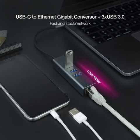 Hub USB Tipo-C Nanocable 10.03.0408/ 3xUSB/ 1xRJ45/ Gris