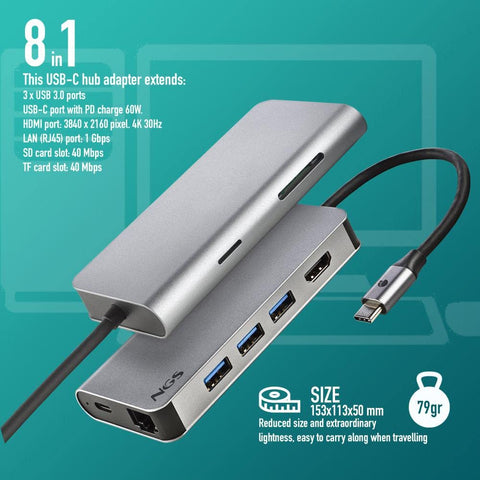 Docking USB Tipo-C NGS WonderDock8/ 3xUSB/ 1xUSB Tipo-C DP/ 1xHDMI/ 1xRJ45/ 1xLector Tarjetas SD