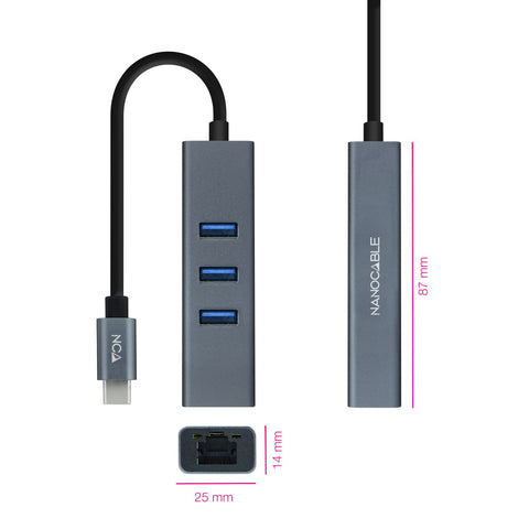 Hub USB Tipo-C Nanocable 10.03.0408/ 3xUSB/ 1xRJ45/ Gris