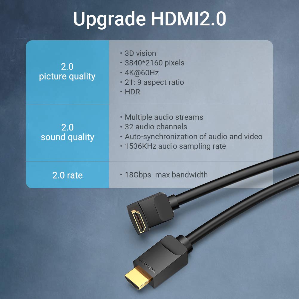 Cable HDMI 2.0 4K Acodado 90º Vention AARBH/ HDMI Macho - HDMI Macho/ 2m/ Negro