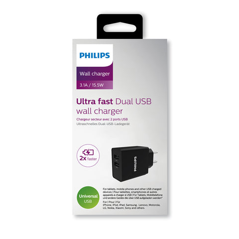 Cargador de Pared Philips DLP2610/ 2xUSB/ 15.5W