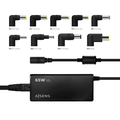 Cargador de Portátil Aisens ASLC-65WAUTO-BK/ 65W/ Automático/ 9 Conectores/ Voltaje 18.5-20V/ 1 USB QC3.0