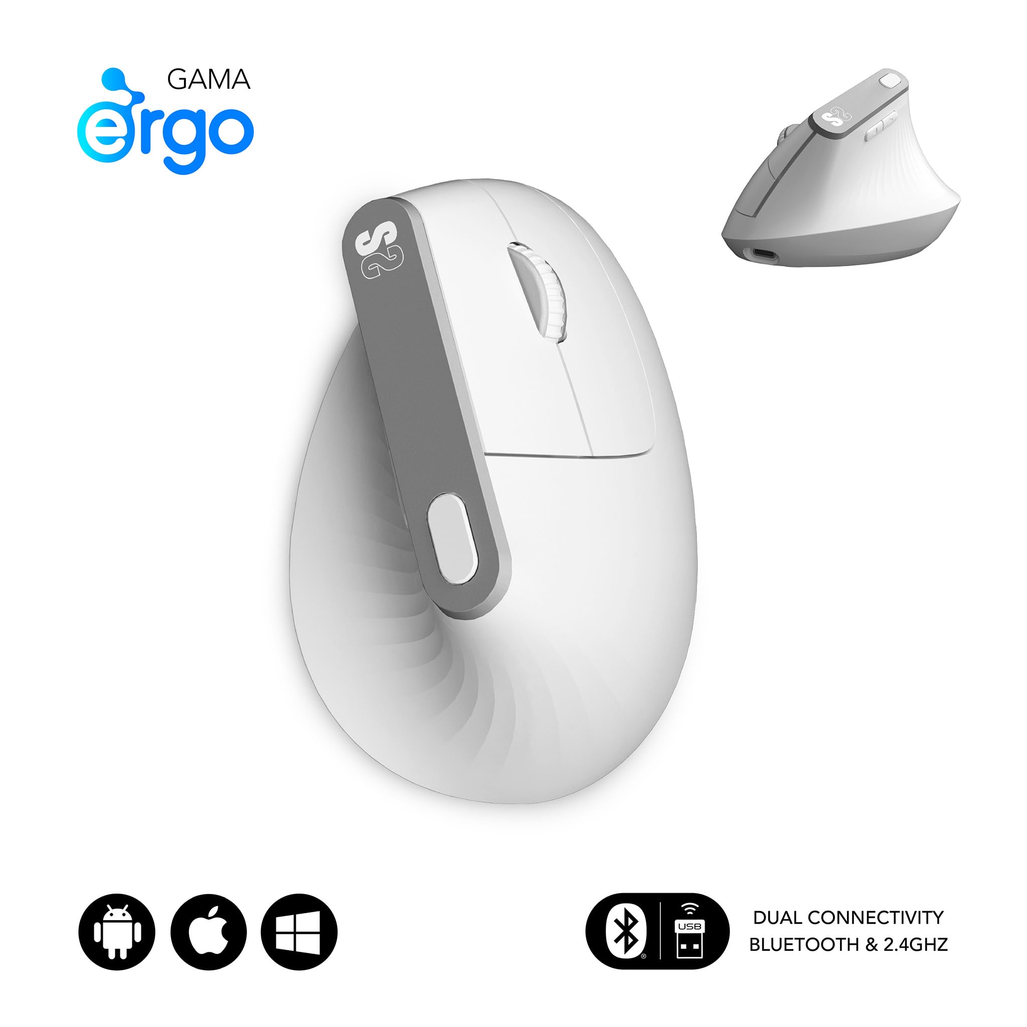 Ratón Ergonómico Inalámbrico por Bluetooth/ 2.4GHz Subblim Nature Vertical Ergo Dual Battery/ Batería Recargable/ Hasta 4000 DPI/ Blanco