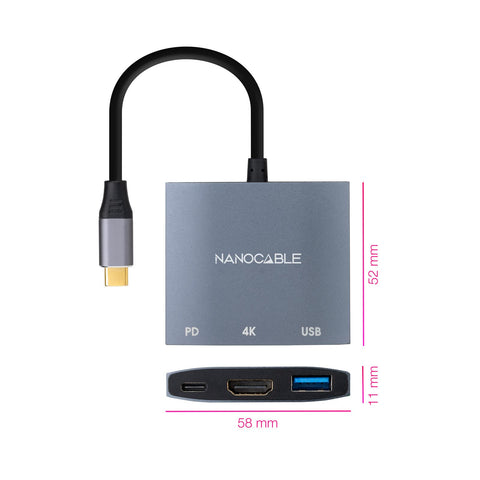 Conversor Nanocable 10.16.4306 USB Tipo-C/ HDMI 4K Hembra - USB Hembra - USB Tipo-C PD/ 15cm/ Gris