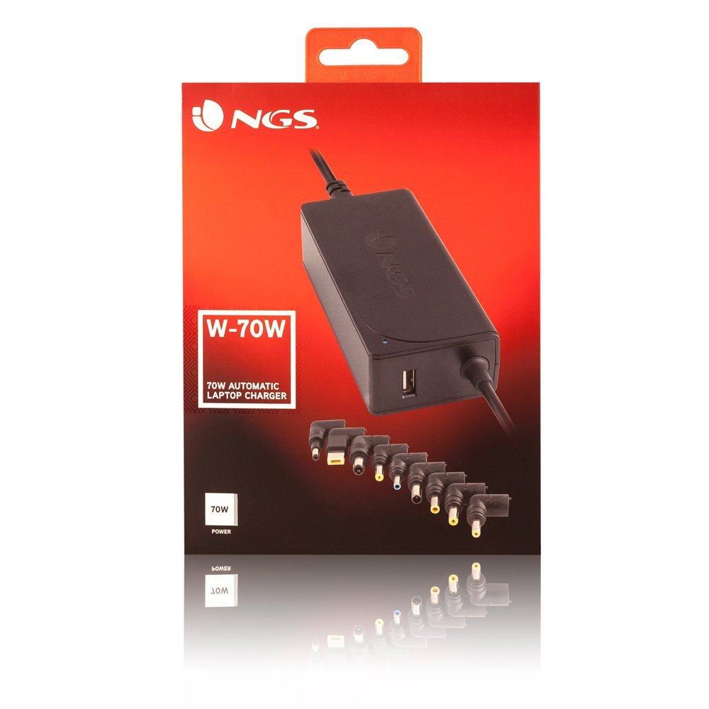 Cargador de Portátil NGS W-70W/ 70W/ Automático/ 9 Conectores/ Voltaje 18.5-20V/ 1 USB