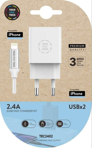 Cargador de Pared Tech One Tech TEC2402/ 2xUSB + Cable Lightning/ 2.4A/ Blanco