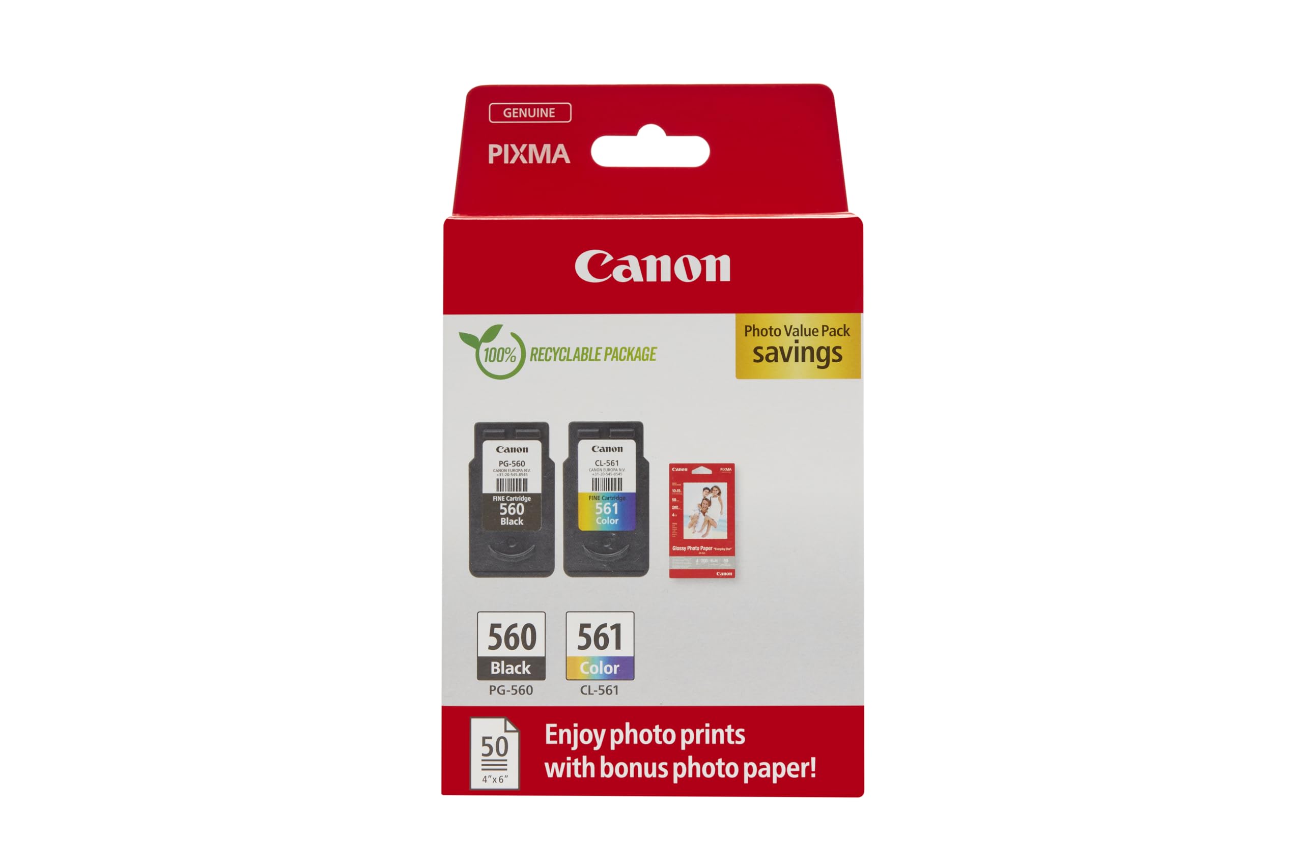 Cartucho de Tinta Original Canon PG-560 + CL-561 Multipack/ Negro/ Tricolor + Papel Fotográfico