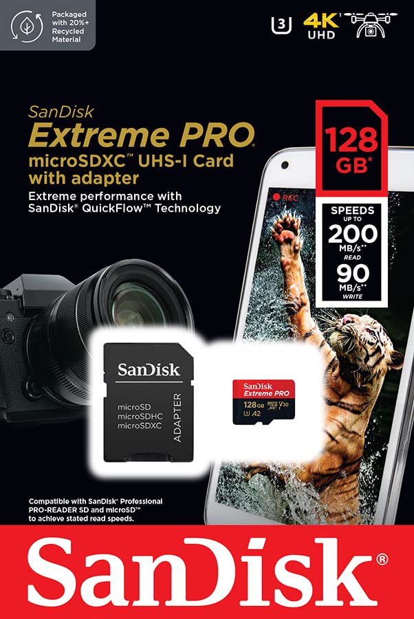 Tarjeta de Memoria SanDisk Extreme Pro 128GB microSD XC UHS-I con Adaptador/ Clase 10/ 200MBs