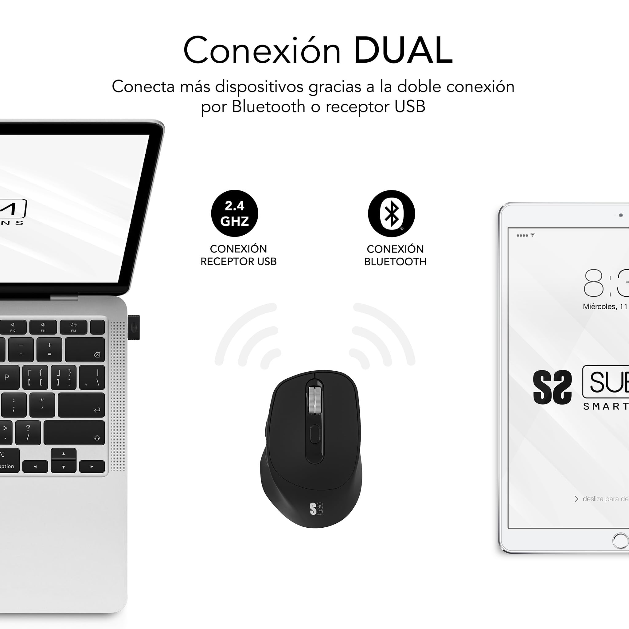 Ratón Ergonómico Inalámbrico por Bluetooth/ 2.4GHz Subblim Comfort Ergo Dual Battery/ Batería recargable/ Hasta 2400 DPI/ Negro