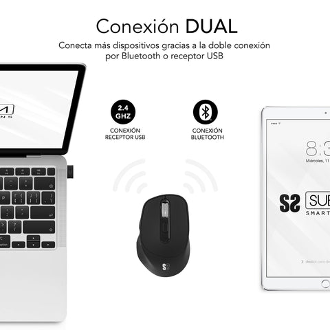 Ratón Ergonómico Inalámbrico por Bluetooth/ 2.4GHz Subblim Comfort Ergo Dual Battery/ Batería recargable/ Hasta 2400 DPI/ Negro