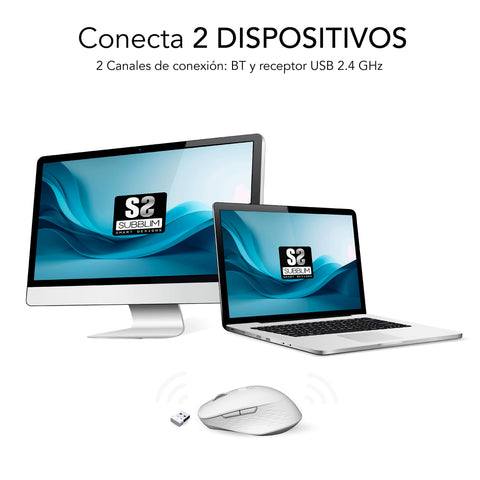 Ratón Ergonómico Inalámbrico por Bluetooth/ 2.4GHz Subblim Curve Ergo Dual Battery/ Batería recargable/ Hasta 1600 DPI/ Blanco