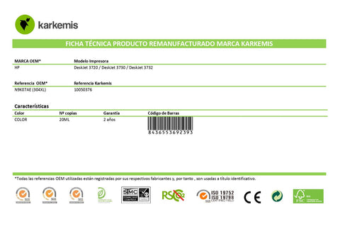 Cartucho de Tinta Reciclado Karkemis HP nº304 XL Alta Capacidad/ Tricolor