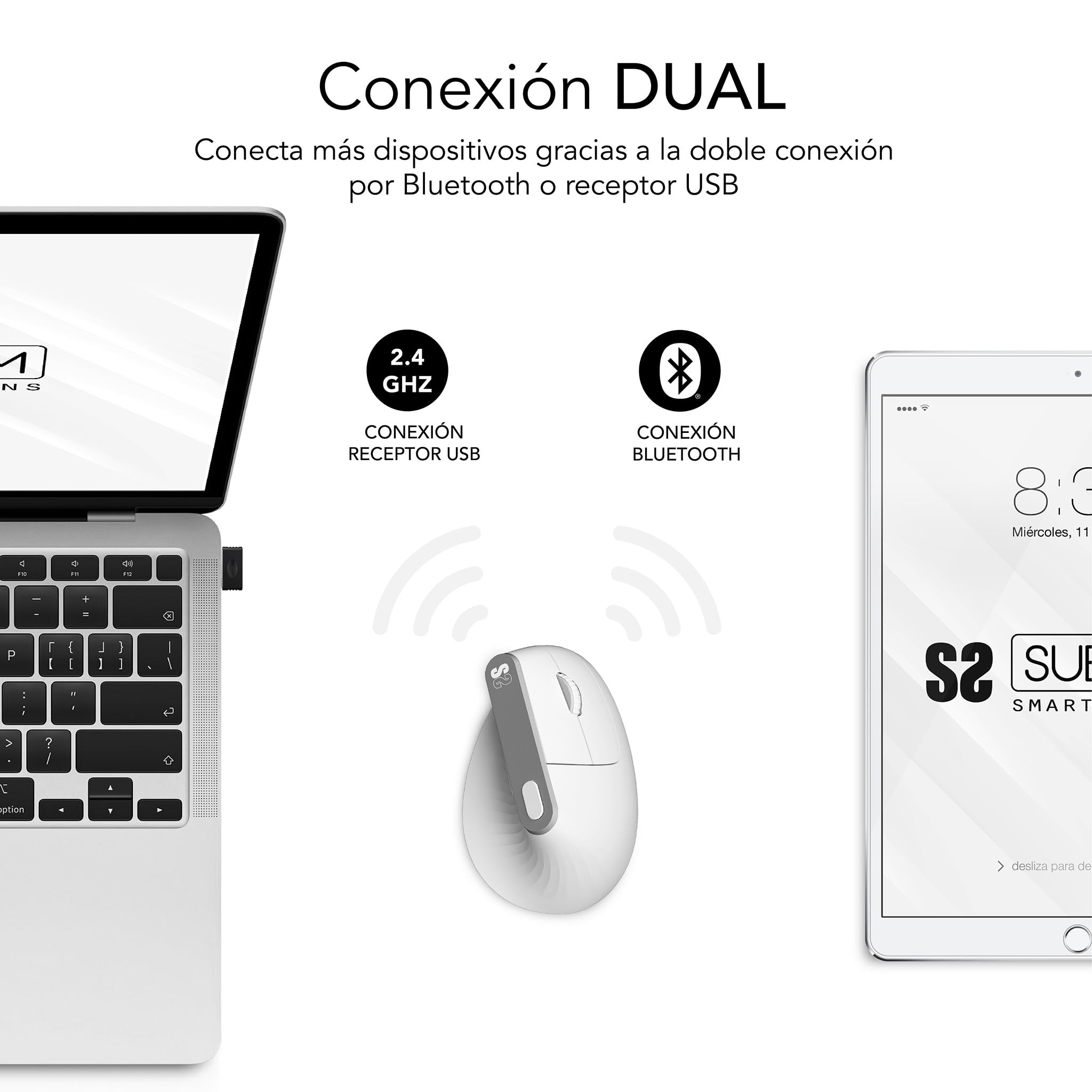 Ratón Ergonómico Inalámbrico por Bluetooth/ 2.4GHz Subblim Nature Vertical Ergo Dual Battery/ Batería Recargable/ Hasta 4000 DPI/ Blanco