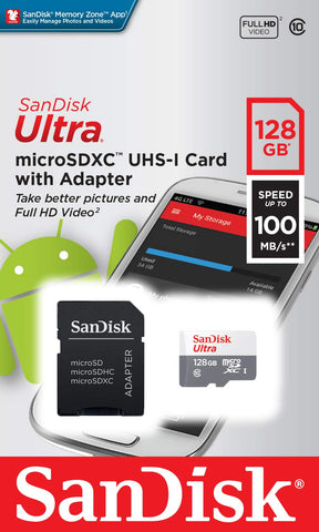 Tarjeta de Memoria SanDisk Ultra 128GB microSD XC con Adaptador/ Clase 10/ 80MB/s