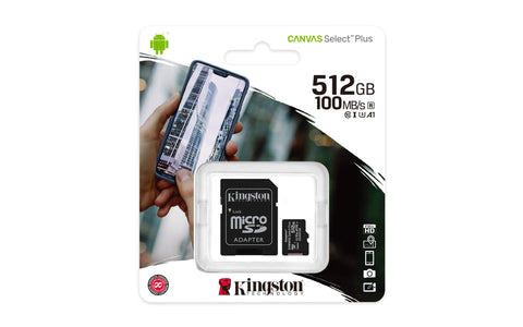 Tarjeta de Memoria Kingston CANVAS Select Plus 512GB microSD XC con Adaptador/ Clase 10/ 100MBs